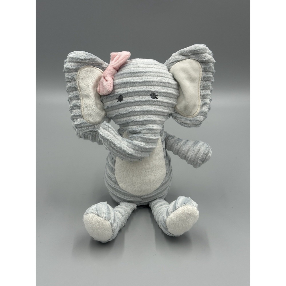 CHICK PEA Gray Elephant Plush W/ Pink Bow 11" Stuffed Animal Ribbed